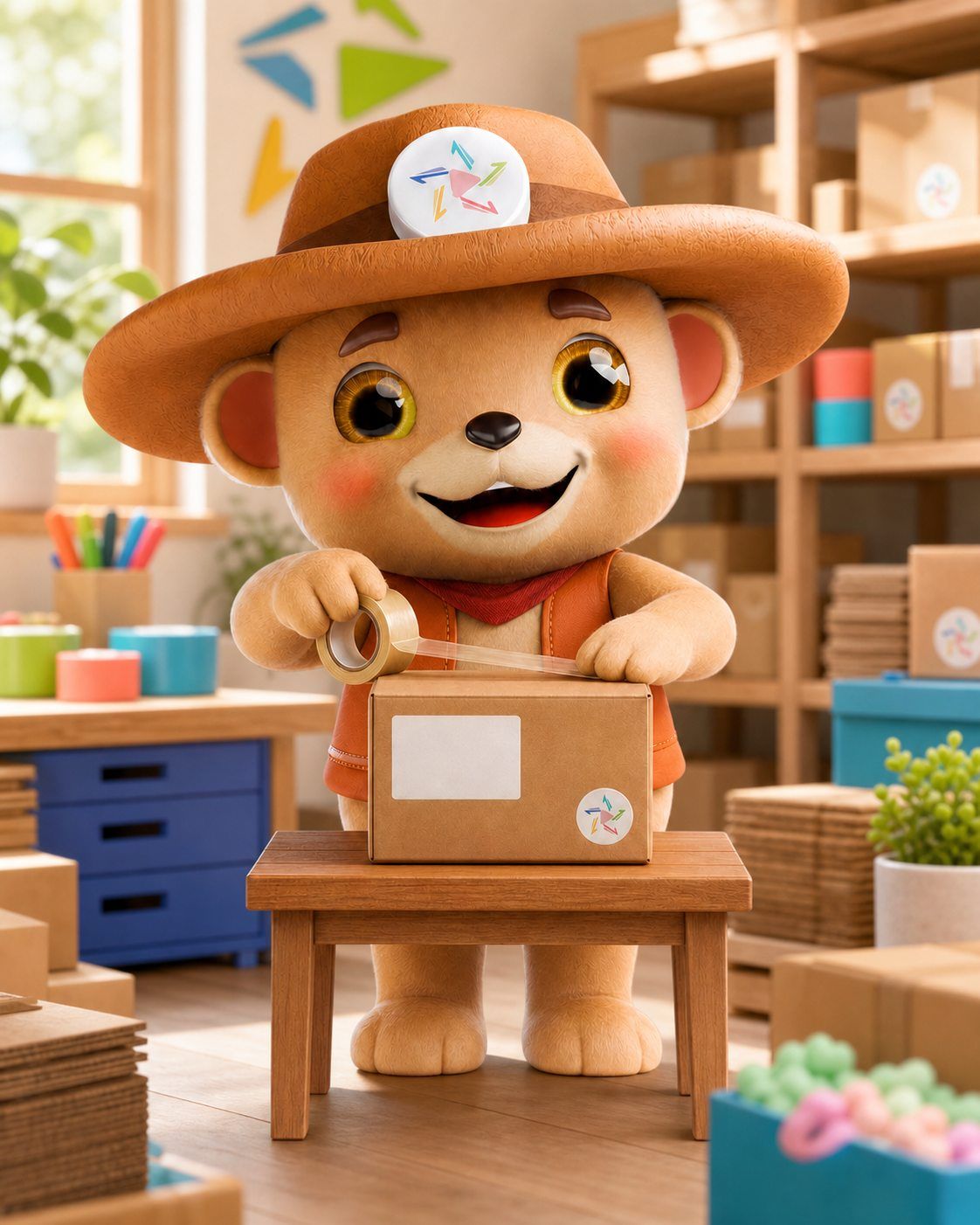 Mascote da BR Machine embalando um pedido, em arte para o e-commerce